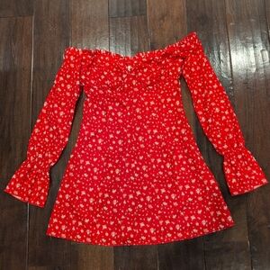 Tiger Mist Red Floral Off-Shoulder Women Dress, Size M